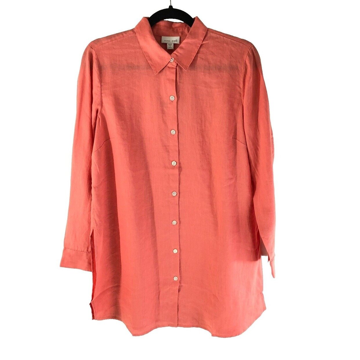 J Jill Love Linen Womens Tunic Top Button Front Side Slit Orange Coral L Petite