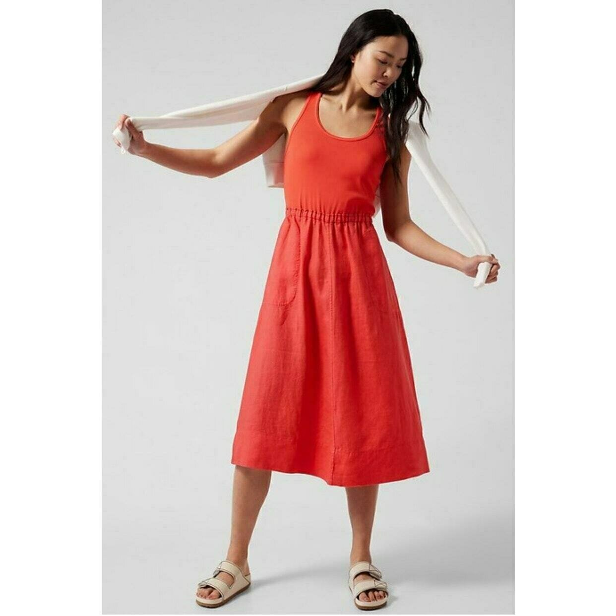 Athleta Baja Linen Midi Dress in Passionfruit Coral Size XS